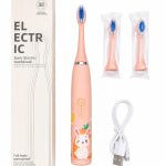 Toothbrush iLike  Kids Rechargeable Sonic Electric Toothbrush, USB Charging, 3 Brush Heads (1+2 Replacement Heads), Soft Bristles, Waterproof, Bunny Design, Pink Pink
