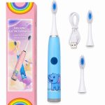 Toothbrush iLike  Kids Rechargeable Sonic Electric Toothbrush, USB Charging, 3 Brush Heads (1+2 Replacement Heads), Soft Bristles, Waterproof, Blue Elephant Design Blue