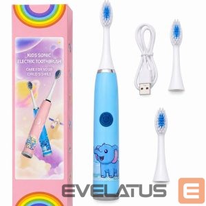 Toothbrush iLike  Kids Rechargeable Sonic Electric Toothbrush, USB Charging, 3 Brush Heads (1+2 Replacement Heads), Soft Bristles, Waterproof, Blue Elephant Design Blue
