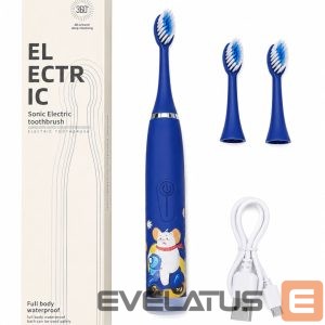 Toothbrush iLike  Kids Rechargeable Sonic Electric Toothbrush, USB Charging, 3 Brush Heads (1+2 Replacement Heads), Soft Bristles, Waterproof, Blue Bear Design Blue