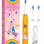 Toothbrush iLike  Kids Rechargeable Sonic Electric Toothbrush, USB Charging, 3 Brush Heads (1+2 Replacement Heads), Soft Bristles, Waterproof, Cute Hamster Design Orange
