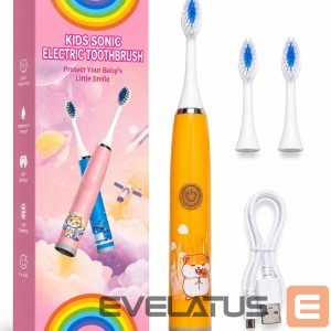 Toothbrush iLike  Kids Rechargeable Sonic Electric Toothbrush, USB Charging, 3 Brush Heads (1+2 Replacement Heads), Soft Bristles, Waterproof, Cute Hamster Design Orange