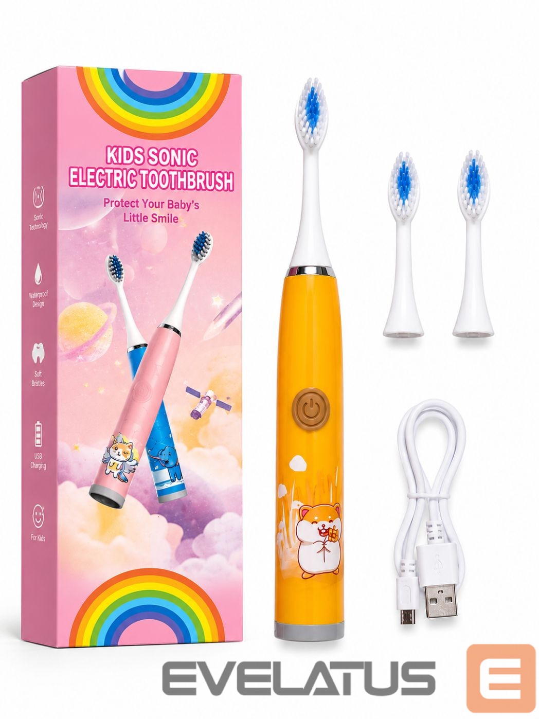 Toothbrush iLike Kids Rechargeable Sonic Electric Toothbrush, USB Charging, 3 Brush Heads (1+2 Replacement Heads), Soft Bristles, Waterproof, Cute Hamster Design Orange