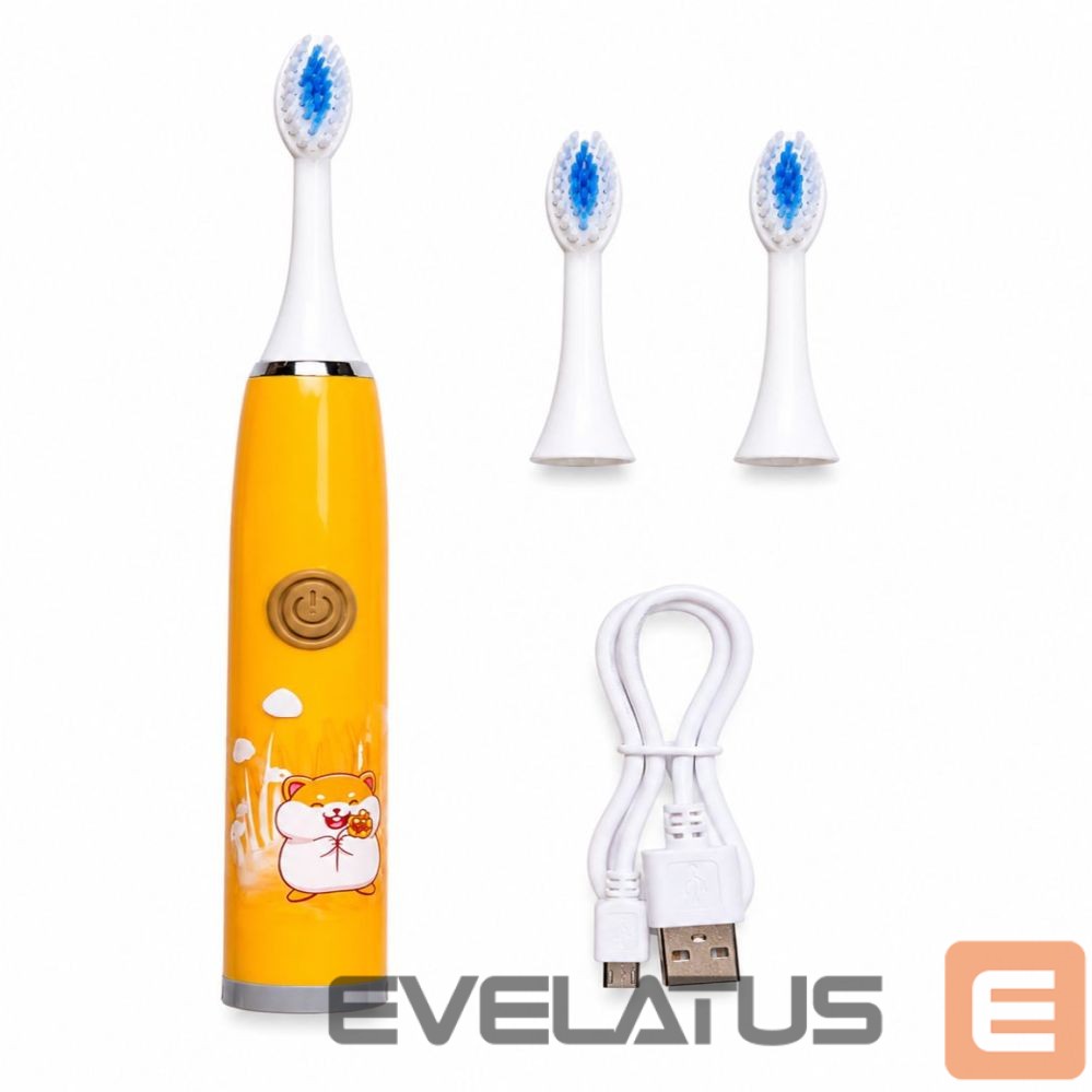 Toothbrush iLike Kids Rechargeable Sonic Electric Toothbrush, USB Charging, 3 Brush Heads (1+2 Replacement Heads), Soft Bristles, Waterproof, Cute Hamster Design Orange