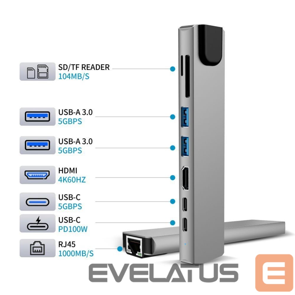 Other goods Tech-Protect Tech-Protect HB09 USB hub 8in1 TYPE-C + USB-A 3.0 + USB-C 3.0 + HDMI 4K 60HZ + SD/TF + PD100W + RJ45 1000 MB/S - gray