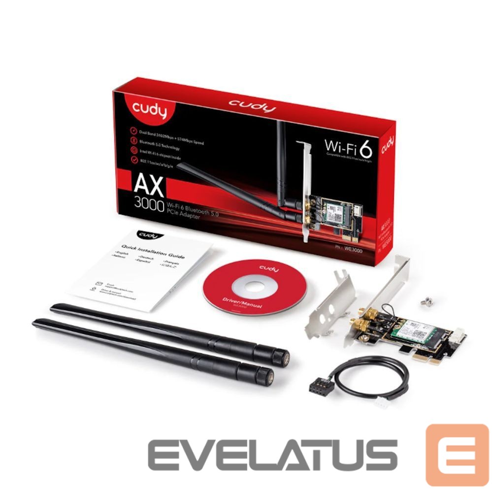 Routers Cudy WE3000 AirMax AX3000 WiFi 6 Bluetooth 5.0 PCIe Adapter Intel AX200 Dual Band 2 Antennas Black