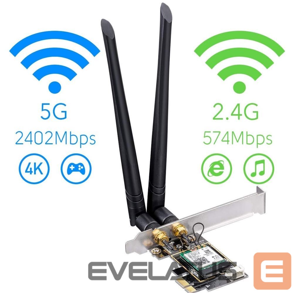 Routers Cudy WE3000 AirMax AX3000 WiFi 6 Bluetooth 5.0 PCIe Adapter Intel AX200 Dual Band 2 Antennas Black