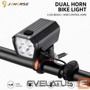 Bicycle accessory iLike  JOHORSE USB Rechargeable Bike Headlight with 120dB Electric Horn, 300LM 4 LED Bicycle Front Light, 7 Lighting Modes, Handlebar Remote Switch, IPX4 Waterproof Black