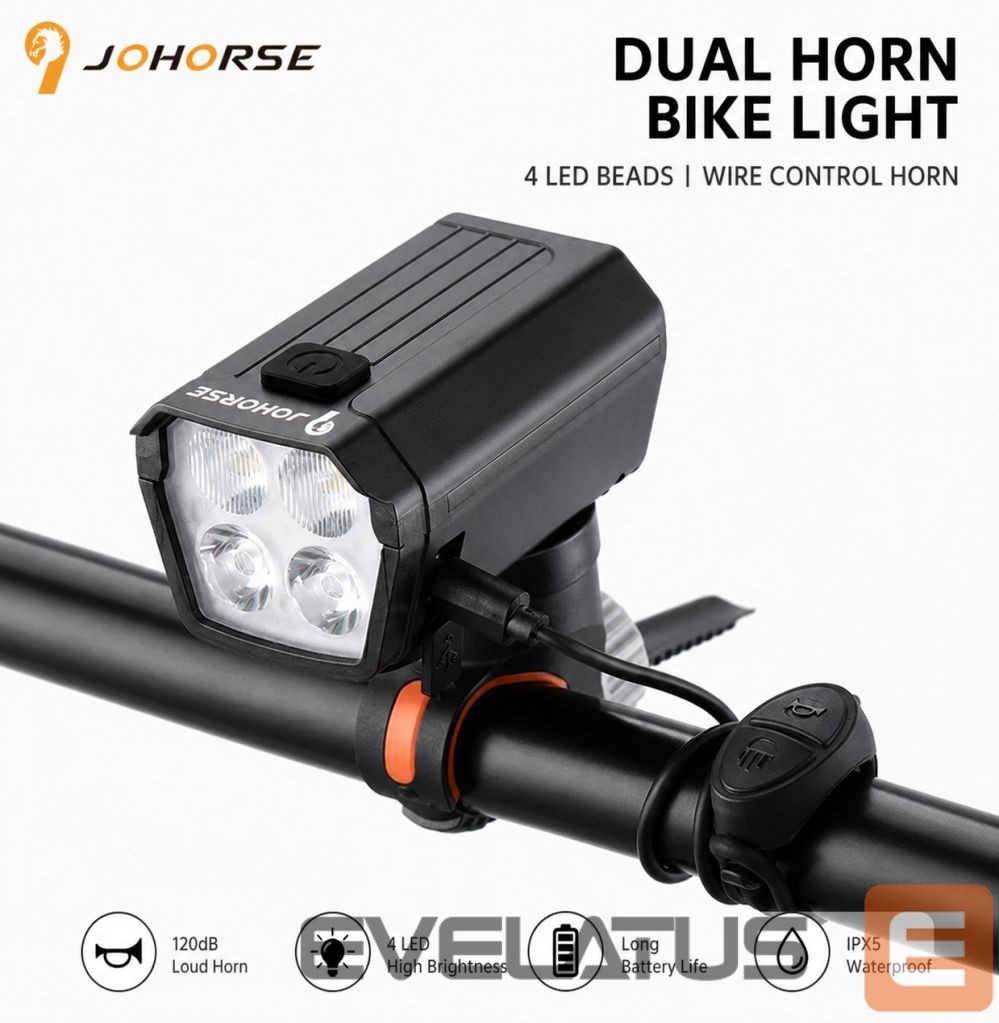 Bicycle accessory iLike JOHORSE USB Rechargeable Bike Headlight with 120dB Electric Horn, 300LM 4 LED Bicycle Front Light, 7 Lighting Modes, Handlebar Remote Switch, IPX4 Waterproof Black
