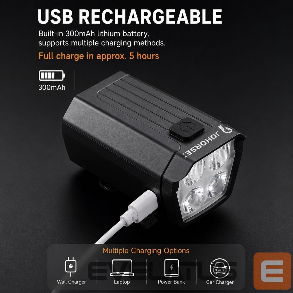 Bicycle accessory iLike JOHORSE USB Rechargeable Bike Headlight with 120dB Electric Horn, 300LM 4 LED Bicycle Front Light, 7 Lighting Modes, Handlebar Remote Switch, IPX4 Waterproof Black