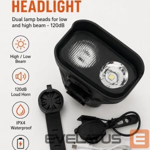 Bicycle accessory iLike  JOHORSE Rechargeable Bike Light with 120dB Horn, USB Rechargeable LED Bicycle Headlight, High/Low Beam, IPX4 Waterproof, Front Cycling Light Black