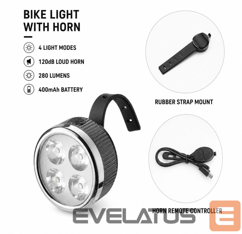 Bicycle accessory iLike Rechargeable Bike Headlight with 120dB Horn, 280 Lumens, 4 Light Modes, USB Rechargeable, Wireless Remote Control