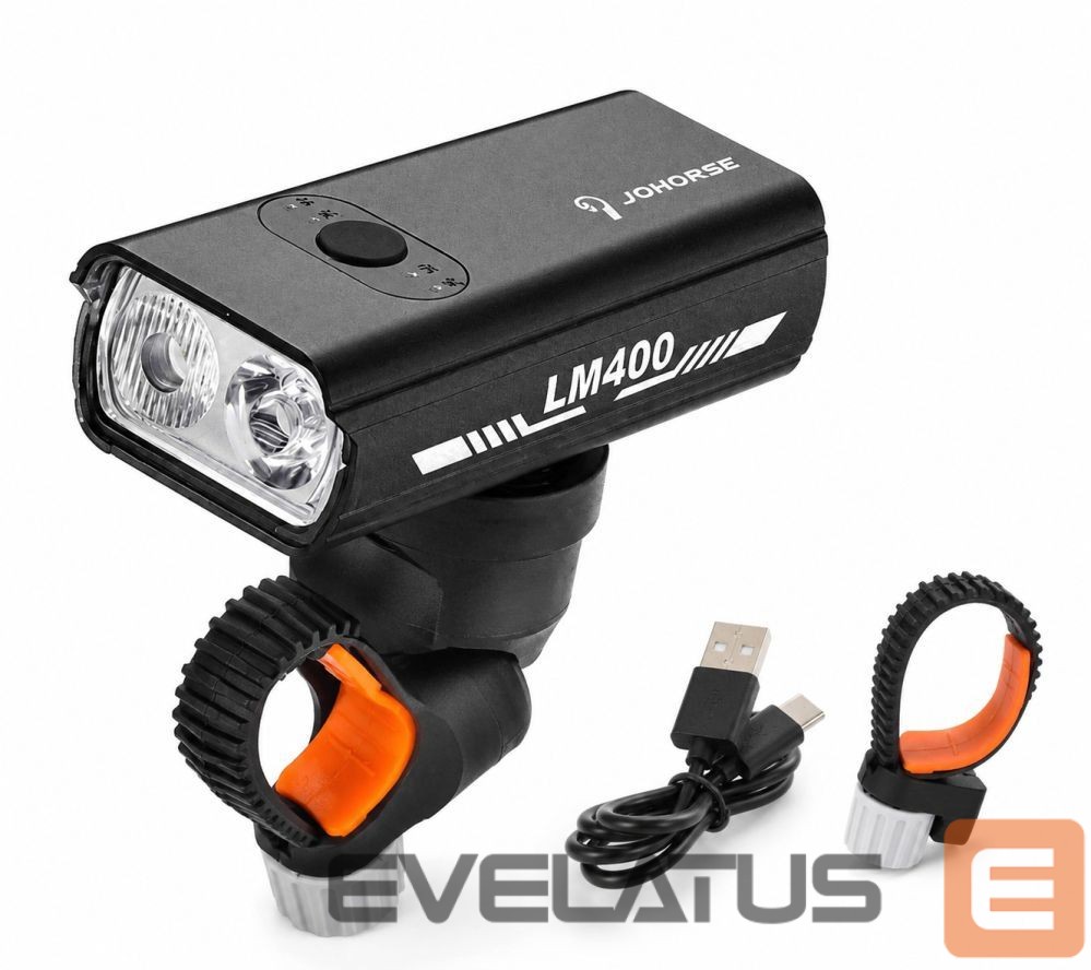 Bicycle accessory iLike JOHORSE USB Rechargeable Bike Front Light, 400LM LED Bicycle Headlight, Dual Beam, Aluminum Housing, Battery Indicator, Waterproof Cycling Light