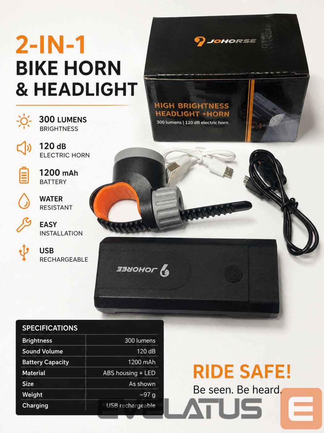Bicycle accessory iLike JOHORSE Bike Headlight & Electric Horn – 300 Lumens, 120dB, USB Rechargeable