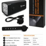 Bicycle accessory iLike  Rechargeable Bicycle Headlight with 120dB Electric Horn, 300 Lumens LED Bike Light, USB Rechargeable, Handlebar Remote Switch 