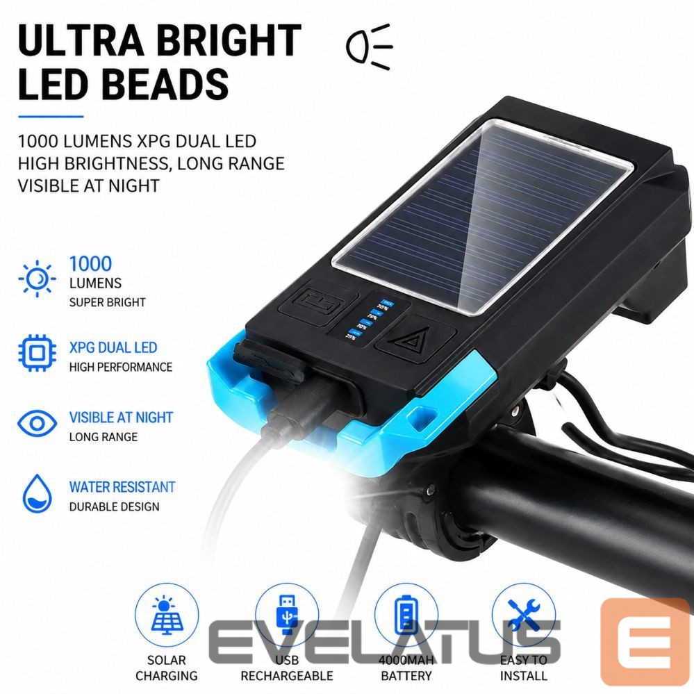 Bicycle accessory iLike Solar Powered Bike Headlight with 120dB Horn, USB Rechargeable, 1000LM LED Bicycle Front Light, 4000mAh Battery, Emergency Warning Light