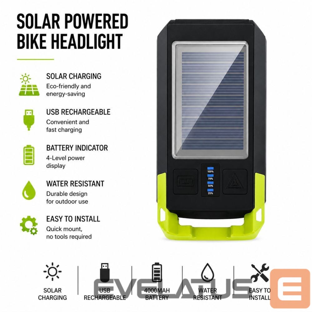 Bicycle accessory iLike Solar Powered Bike Headlight with 120dB Horn, USB Rechargeable, 1000LM LED Bicycle Front Light, 4000mAh Battery, Emergency Warning Light