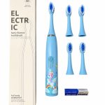 Toothbrush iLike  Kids Sonic Electric Toothbrush, Waterproof, 5 Brush Heads (1+4 Replacement Heads), Battery Powered, Soft Bristles, Unicorn Design, Blue Blue