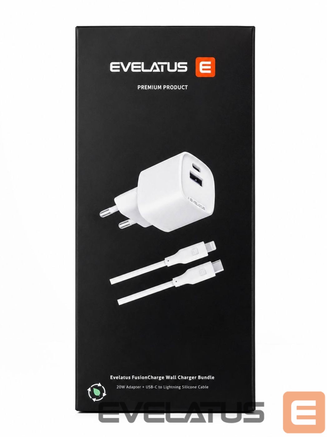 Adapter Evelatus FusionChage Wall Charger Bundle 20W Power Adapter - 60W USB-C to Lightning Silicone Cable White