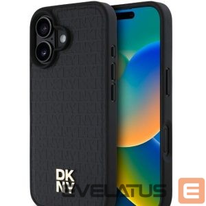 Back panel cover DKNY Apple iPhone 16 Plus  PU Leather Repeat Pattern Stack Logo MagSafe Case Black