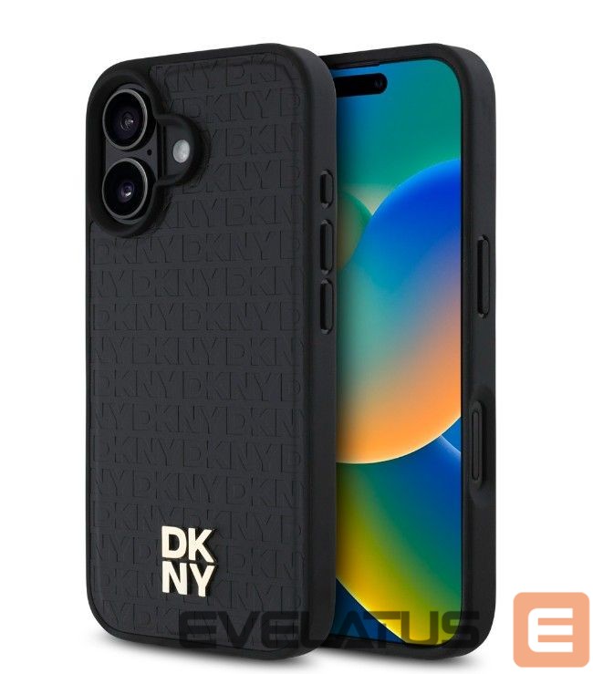 Back panel cover DKNY Apple iPhone 16 Plus PU Leather Repeat Pattern Stack Logo MagSafe Case Black