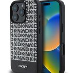 Back panel cover DKNY Apple iPhone 16 Pro PU Leather Repeat Pattern Bottom Stripe MagSafe Case Black