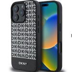Back panel cover DKNY Apple iPhone 16 Pro Max PU Leather Repeat Pattern Bottom Stripe MagSafe Case Black