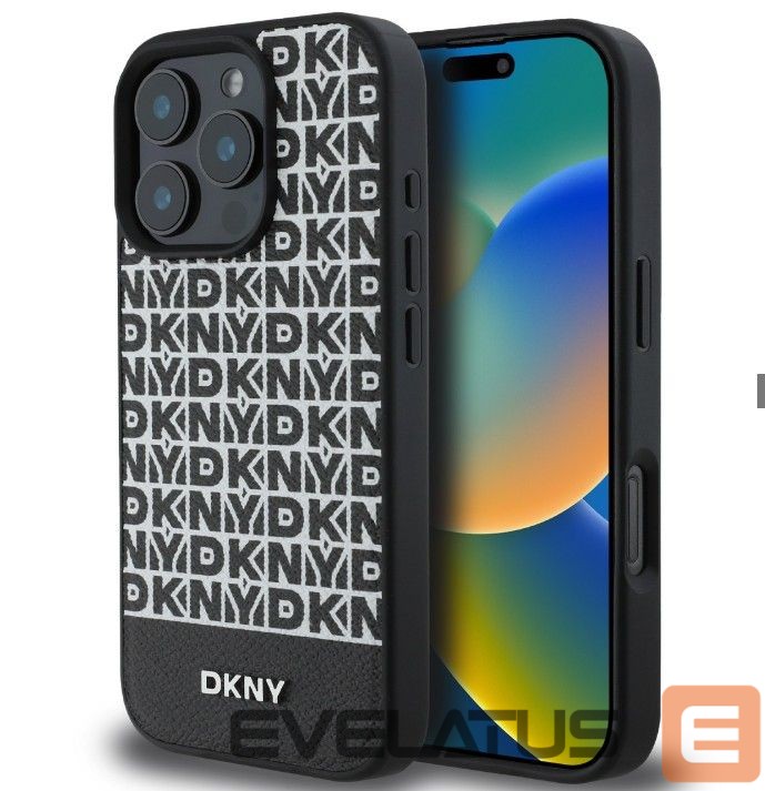 Back panel cover DKNY Apple iPhone 16 Pro Max PU Leather Repeat Pattern Bottom Stripe MagSafe Case Black
