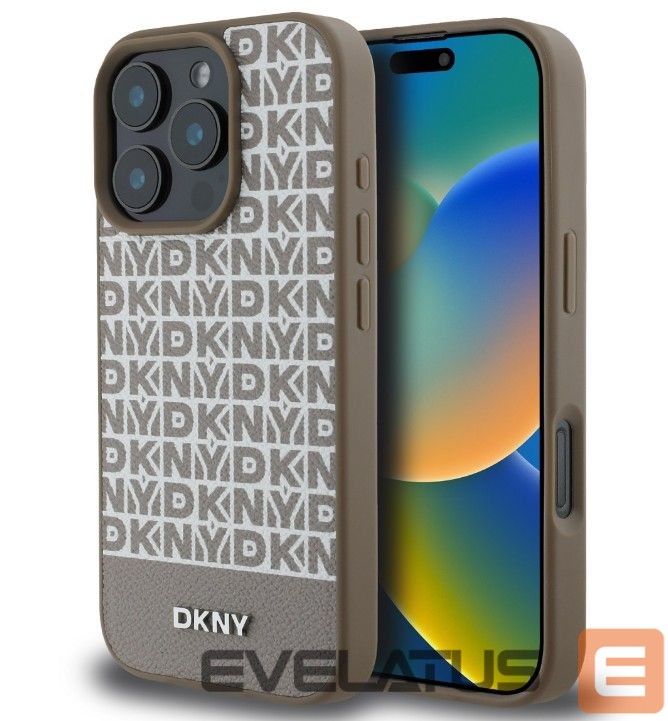 Back panel cover DKNY Apple iPhone 16 Pro Max PU Leather Repeat Pattern Bottom Stripe MagSafe Case Brown
