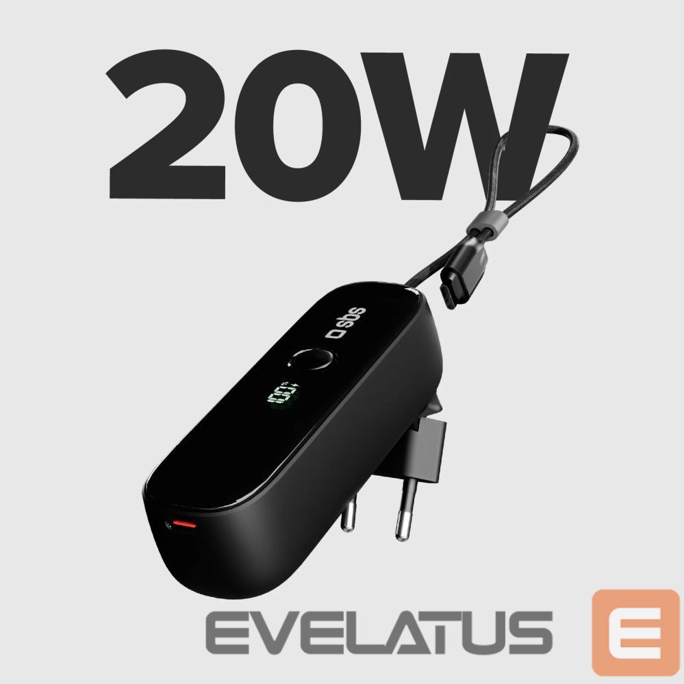 Power bank SBS SBS Hybrid PD 20W 5000mAh Power Bank with Built-in Cable and Foldable Plug - Black