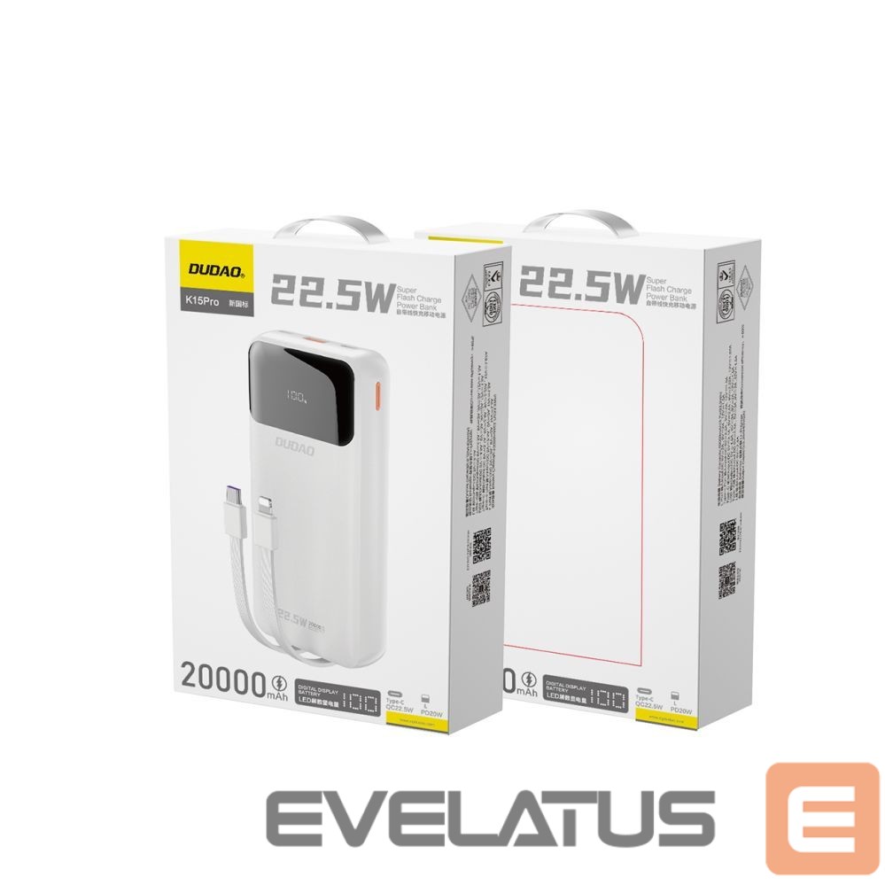 Power bank Dudao Dudao K15Pro Power Bank 20000mAh 22.5W PD USB-C / USB-A / Built-in Lightning and USB-C Cables - White