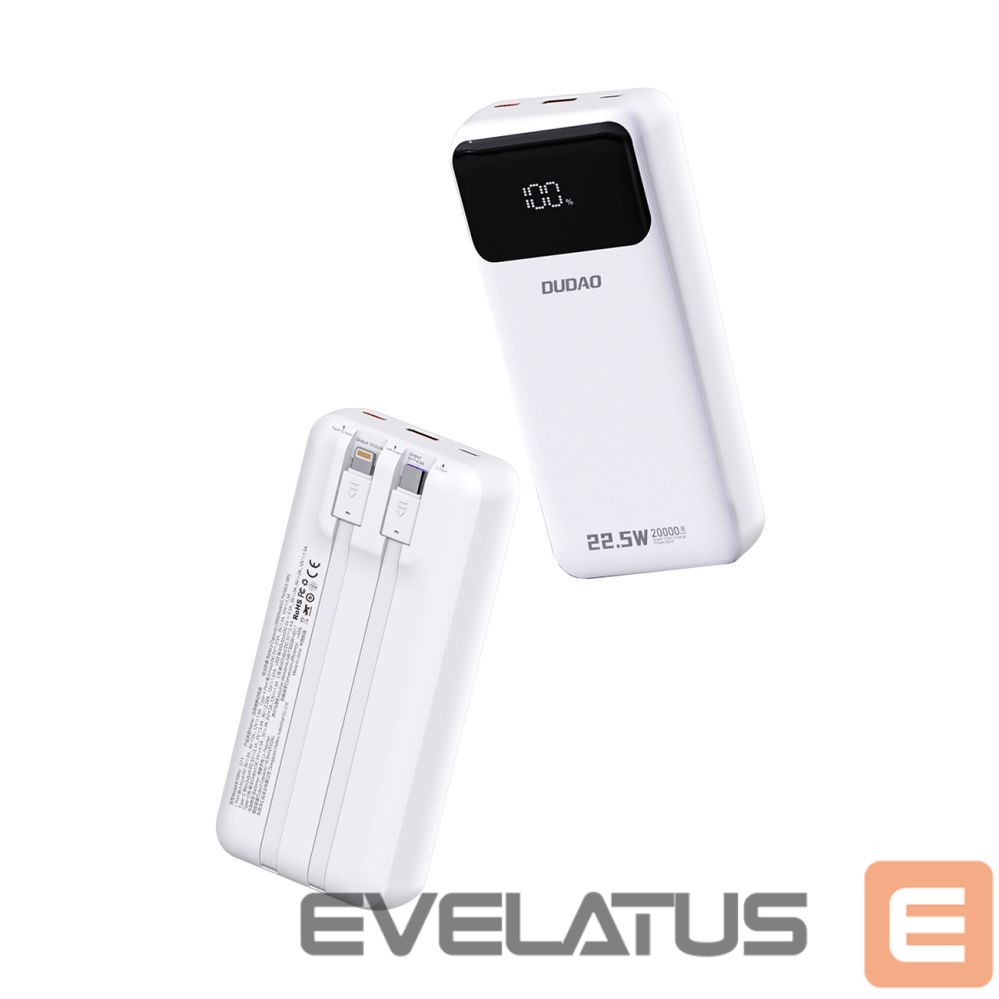 Power bank Dudao Dudao K15Pro Power Bank 20000mAh 22.5W PD USB-C / USB-A / Built-in Lightning and USB-C Cables - White