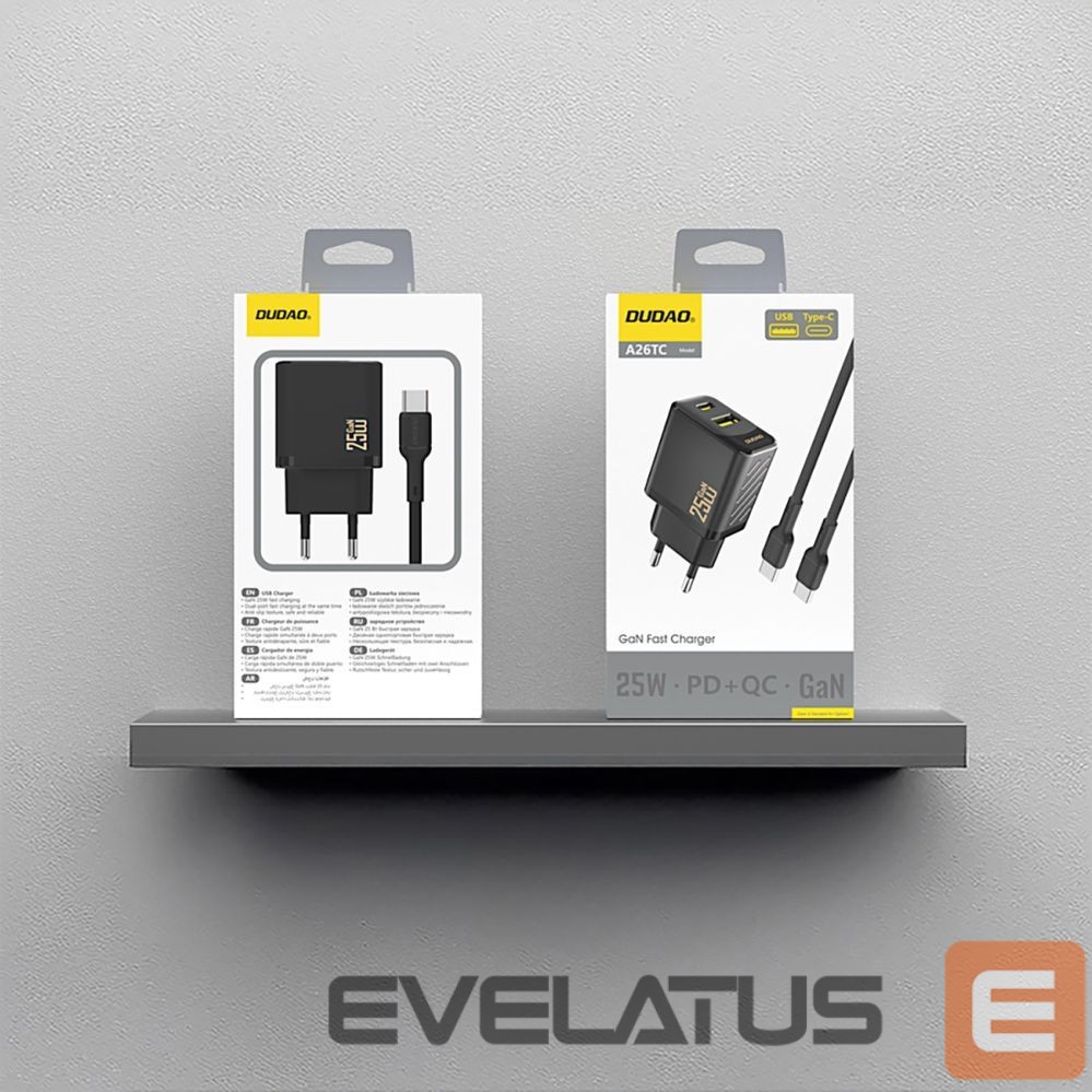 Adapter Dudao Dudao A26TCEU PD QC 25W GaN USB-A USB-C Wall Charger with USB-C Cable - Black
