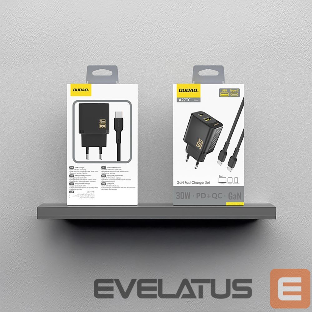 Adapter Dudao Dudao A27TCEU PD 30W GaN USB-A USB-C Wall Charger with USB-C Cable - Black
