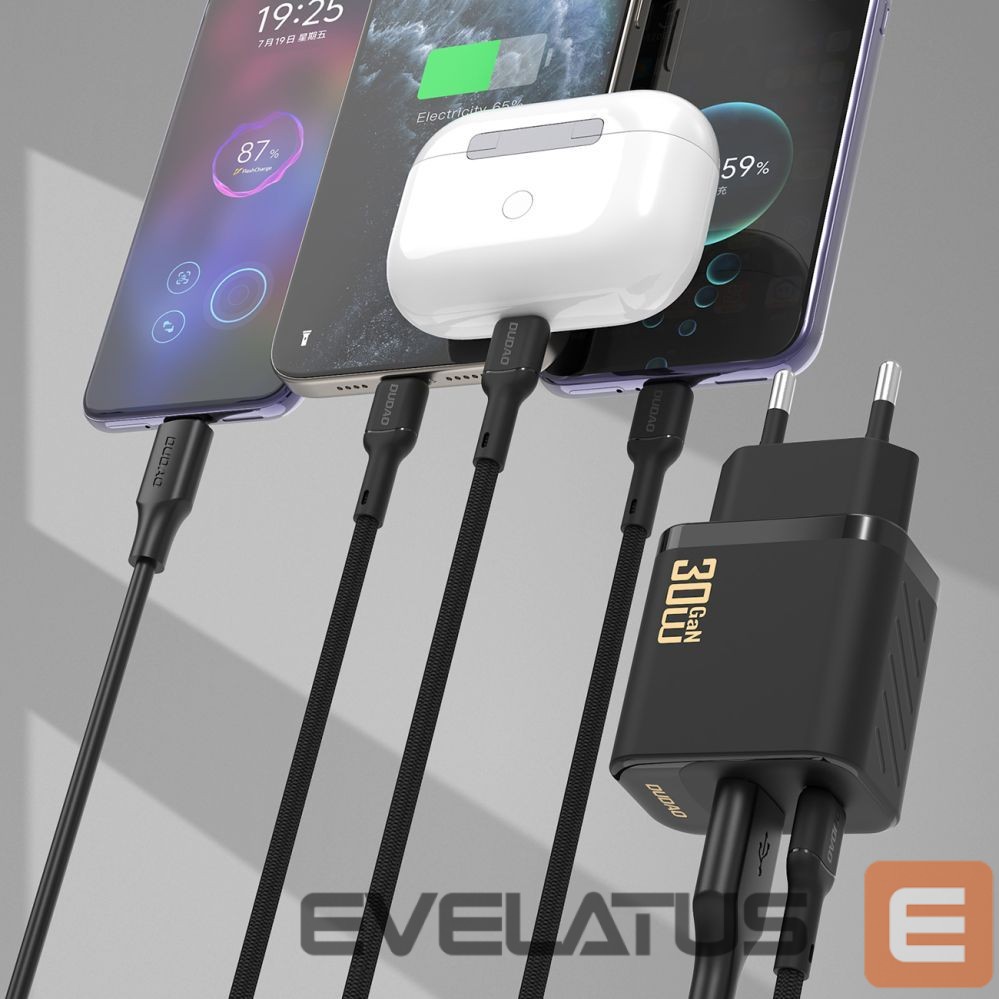 Adapter Dudao Dudao A27TCEU PD 30W GaN USB-A USB-C Wall Charger with USB-C Cable - Black