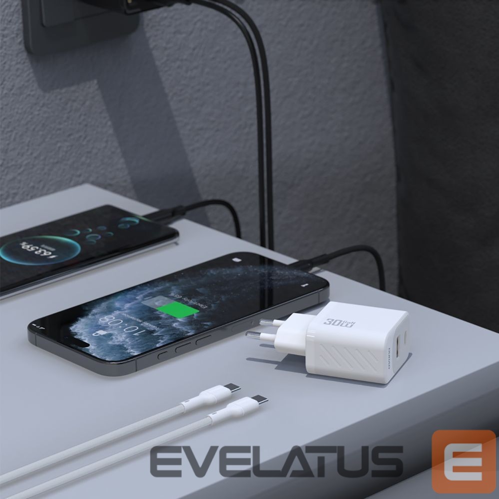 Adapter Dudao Dudao A27TCEU PD 30W GaN USB-A USB-C Wall Charger with USB-C Cable - White