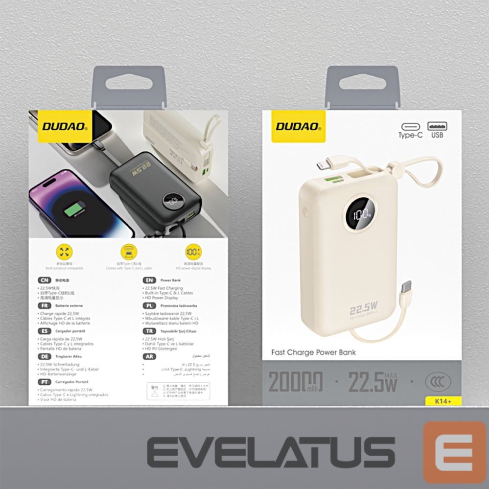 Power bank Dudao Dudao K14+ Powerbank 20000mAh 22.5W USB-C / USB-A / Built-in Lightning and USB-C Cables - White