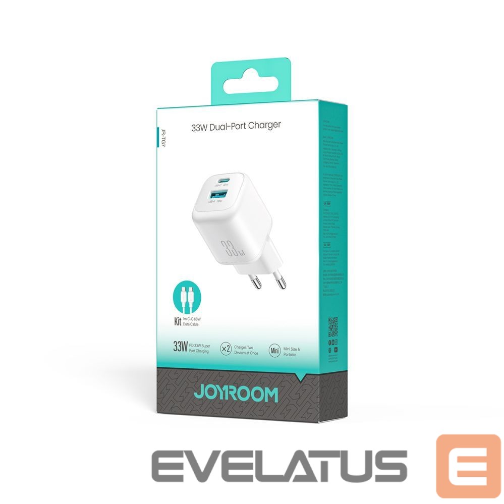 Adapter Joyroom Joyroom JR-TG7 33W USB-A + USB-C Wall Charger with 60W USB-C to USB-C 1m Cable - White