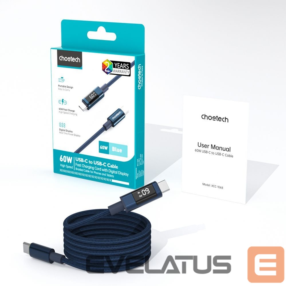 Cable Choetech Choetech XCC-1068 PD 60W USB-C - USB-C Cable with Display 1.2 m - Blue