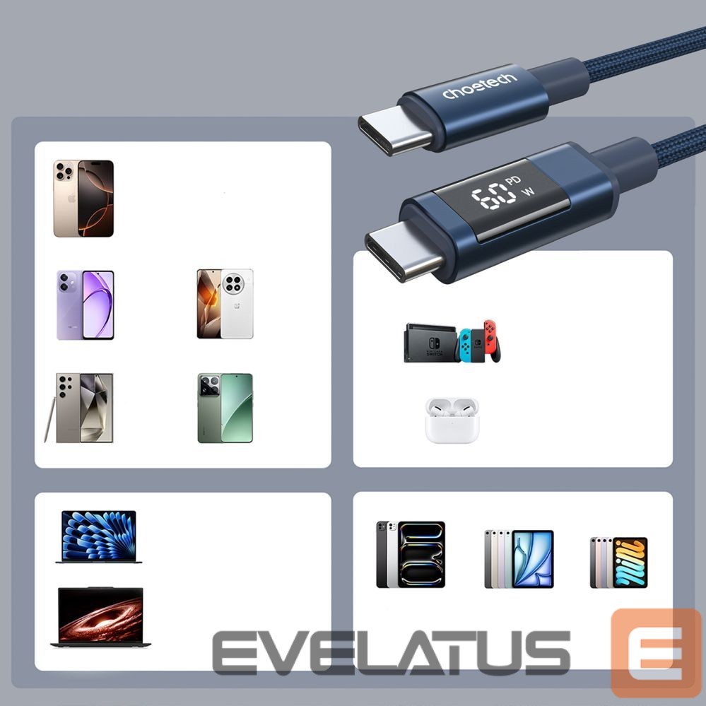 Cable Choetech Choetech XCC-1068 PD 60W USB-C - USB-C Cable with Display 1.2 m - Blue