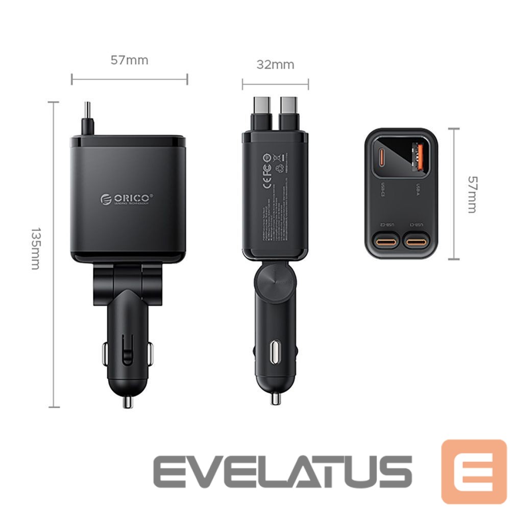 Adapter Orico Orico Twin Reach 45W USB-A + USB-C Car Charger with Two Retractable USB-C Cables - Black