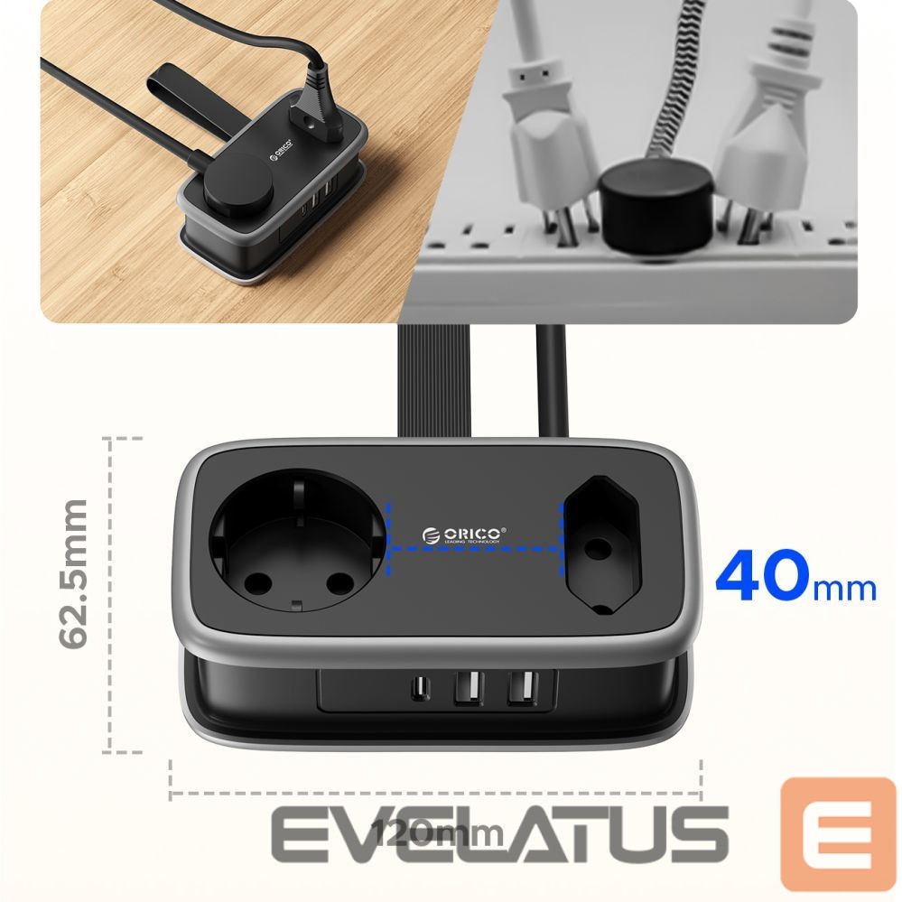 Other Computer Accessory Orico Orico APP 15.5W 5in1 Power Strip 2x AC + 2x USB-A + 1x USB-C - Black