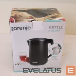 Teapot GORENJE  SALE OUT.  K15DWBK Kettle, Electric, Capacity 1.5 L, Power 2200 W, Stainless Steel, Black, DAMAGED PACKAGING, SCRATCHES | Kettle | K15DWBK | Electric | 2200 W | 1.5 L | Stainless steel | 360° rotational base | Black | DAMAGED PACKAGING, SCRATCHES 
